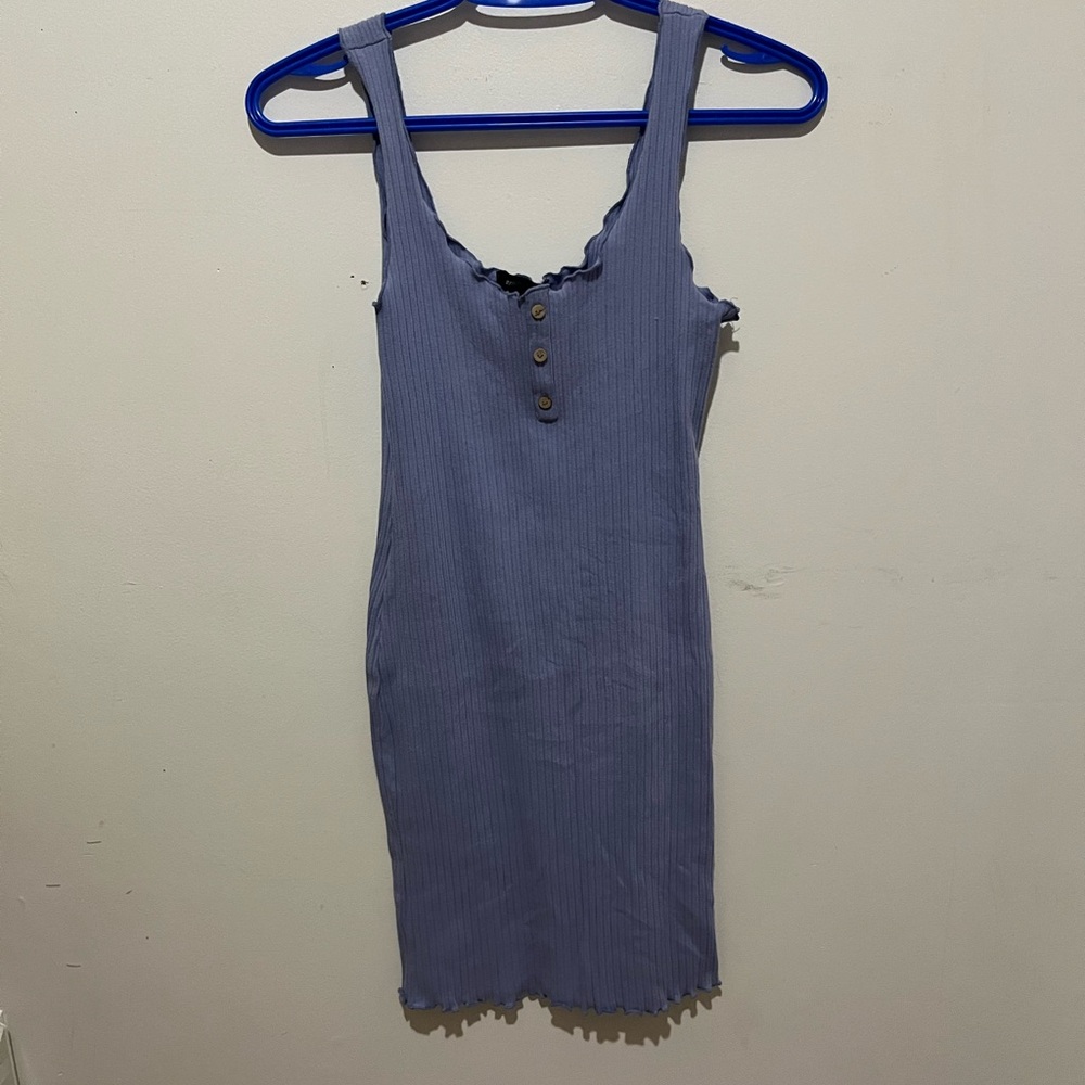 blue Sleeveless Ribbed Dress with Button Detail
